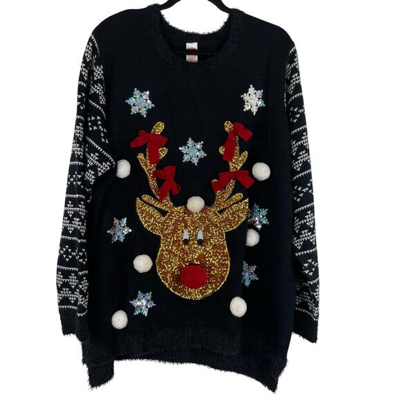 Holiday Time Christmas Ugly Knit Sweater Sequin Reindeer Women's 3X - Picture 1 of 12